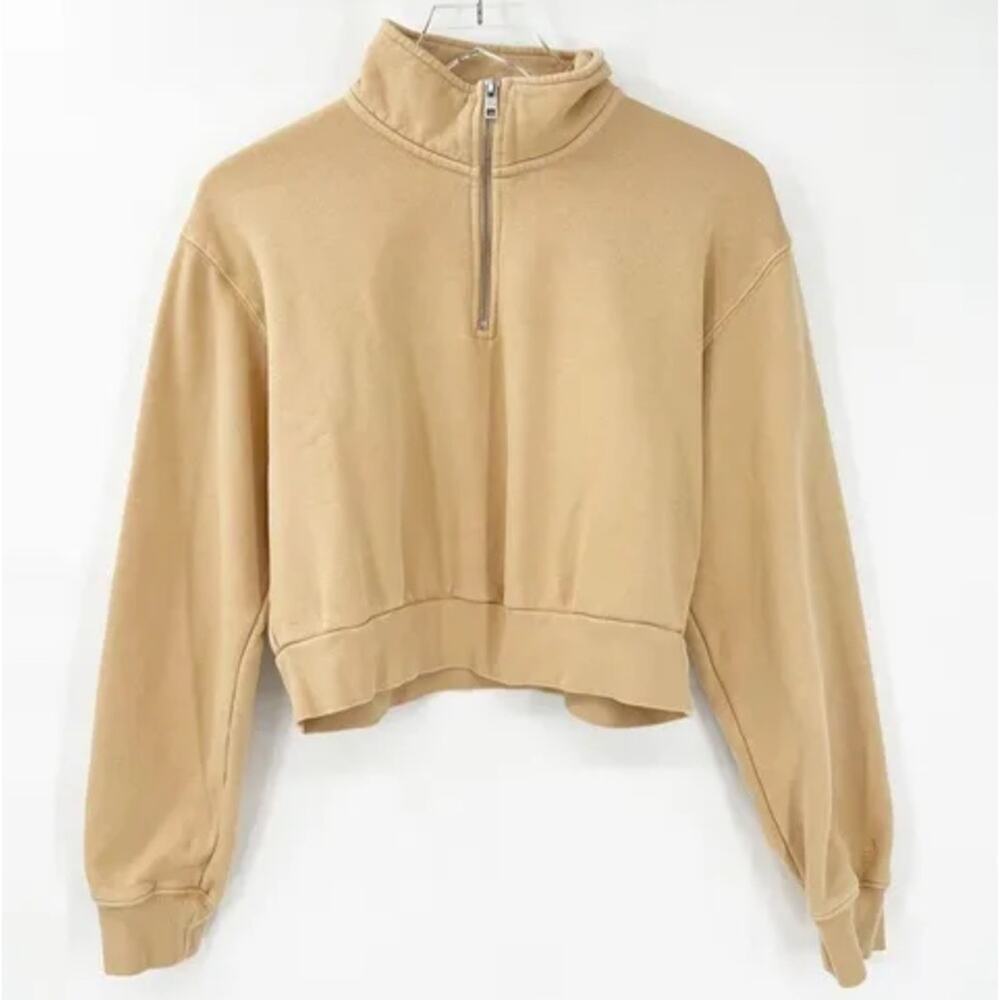 Aritzia TNA Cozy AF 1/4 Pullover Size Large Color is Yellowish Tan Cropped
